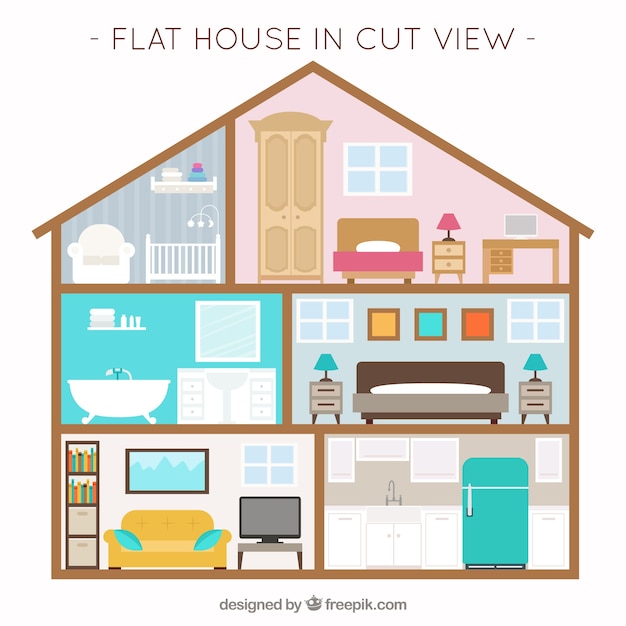 Free vector house with interior view and furniture in flat design