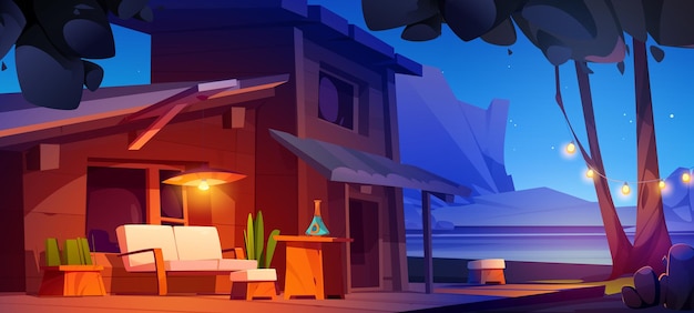 Free vector house with patio near lake in night forest
