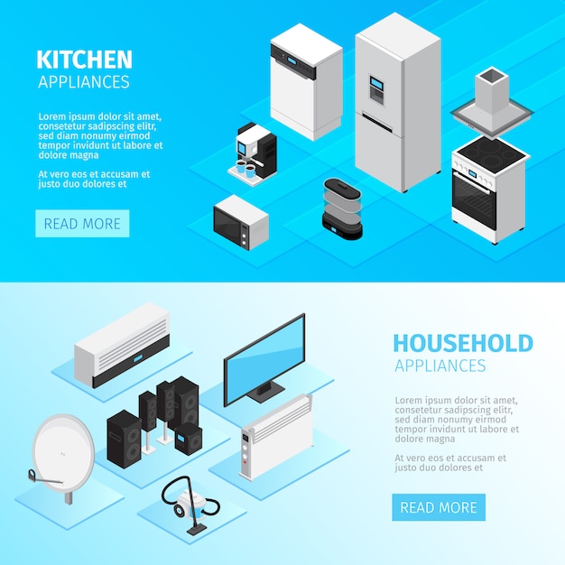 Free vector household appliances horizontal banners with kitchen equipment and digital and electronic devices