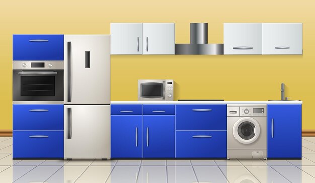家庭用電化製品モダンなキッチン現実的なインテリアビュー冷蔵庫ストーブ電子レンジ食器洗い機黄青ベクトルイラスト