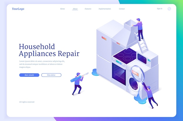 Free vector household appliances repair isometric landing page. tiny workers fixing broken home technics washing machine, refrigerator and electric stove. call masters repairing service, 3d vector web banner