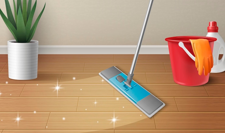 Free Vector household cleaning products composition with plastic bucket and brush washing floor realistic vector illustration