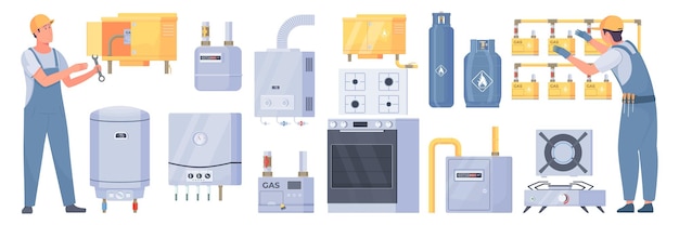 Household gas appliance flat set with stove cooker heater tank panel meter and workers fixing or checking equipment isolated vector illustration