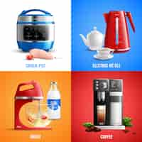 Free vector household kitchen set of coffee machine mixer electric kettle crock pot