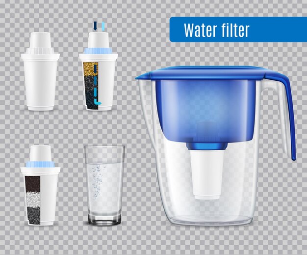 household water filter pitcher with 3  replacement carbon cartridges and full glass realistic set transparent