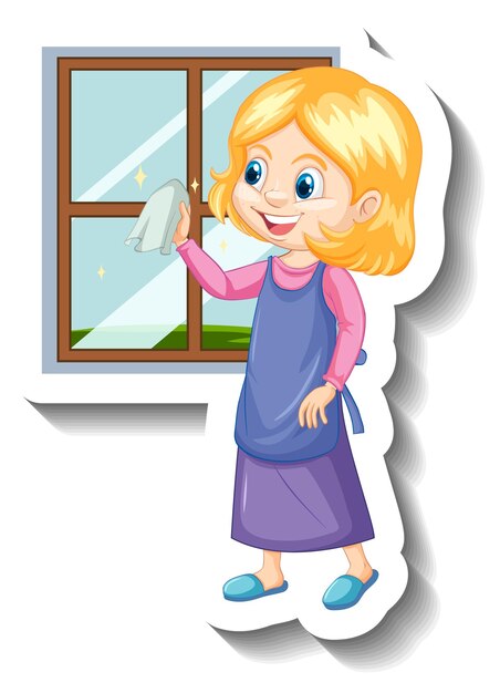 창문을 청소하는 가정부 소녀 만화 캐릭터 스티커