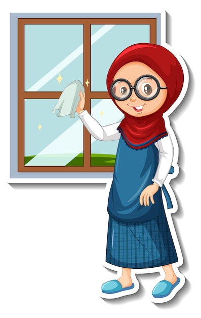 Free vector housekeeper girl cleaning window cartoon character sticker