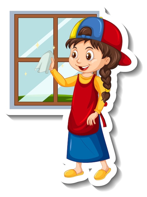 Free vector housekeeper girl cleaning window cartoon character sticker