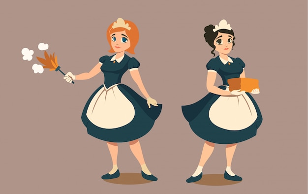 Free vector housemaids with duster and stack of linen or towel