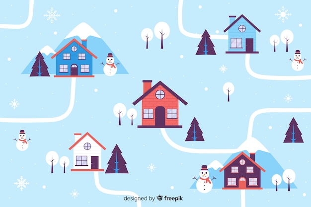 Free vector houses on christmas eve flat design