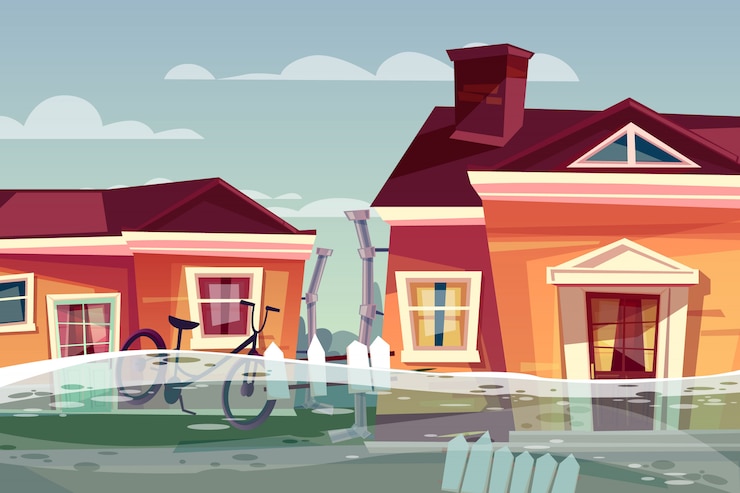 Free Vector houses in flood illustration of buildings under deluge water flowing in street. 