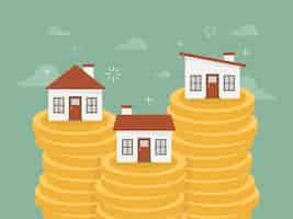 Free vector houses over piles of coins