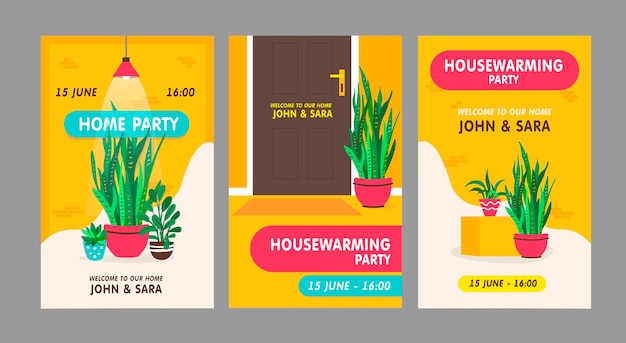 Housewarming party invitation cards set. houseplants with pots vector illustrations with text, names, time and date.