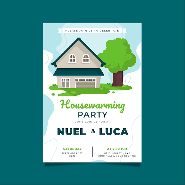 Free vector housewarming party with green garden and tree