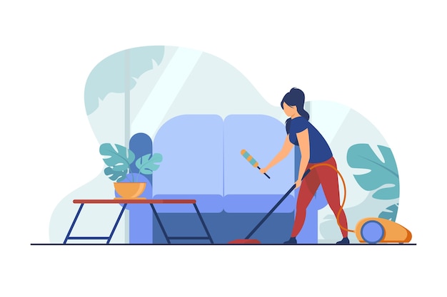 Housewife cleaning home with vacuum cleaner. Sofa, house, room flat vector illustration. Household and housekeeping
