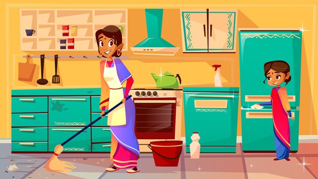 Housewife cleaning kitchen illustration of Indian mother in sari mopping floor and daughter