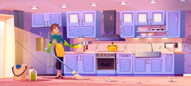 Free vector housewife cleaning messy kitchen