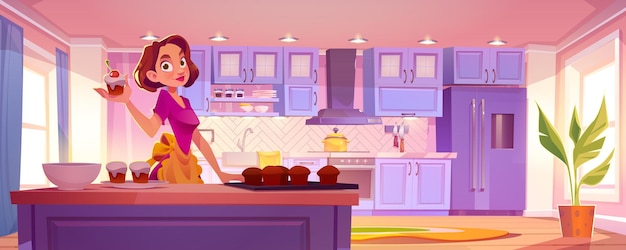 Housewife cooking muffins in kitchen