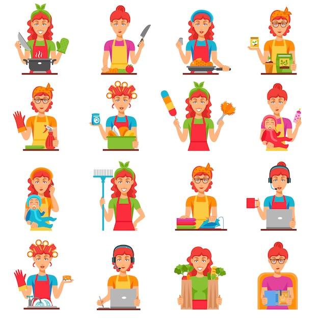 Free vector housewife flat color icons set