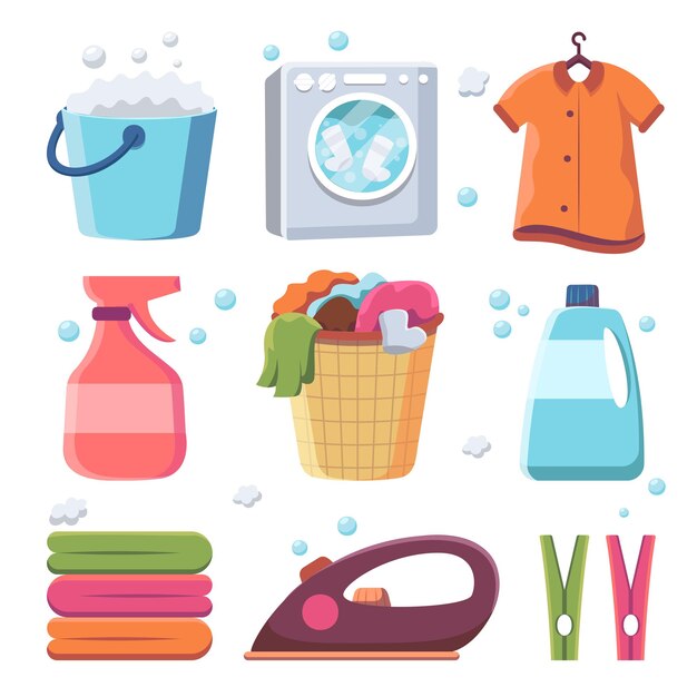 Housewife professional laundry equipment set object drawing with bucket washing machine shirt spray basket iron peg softener and laundry detergent on white background vector illustration