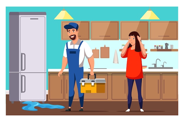 Housewife and repairman with tools box on kitchen near broken fridge leakage on floor Home appliance repair service