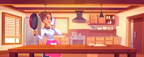 Housewife talking on mobile phone on kitchen