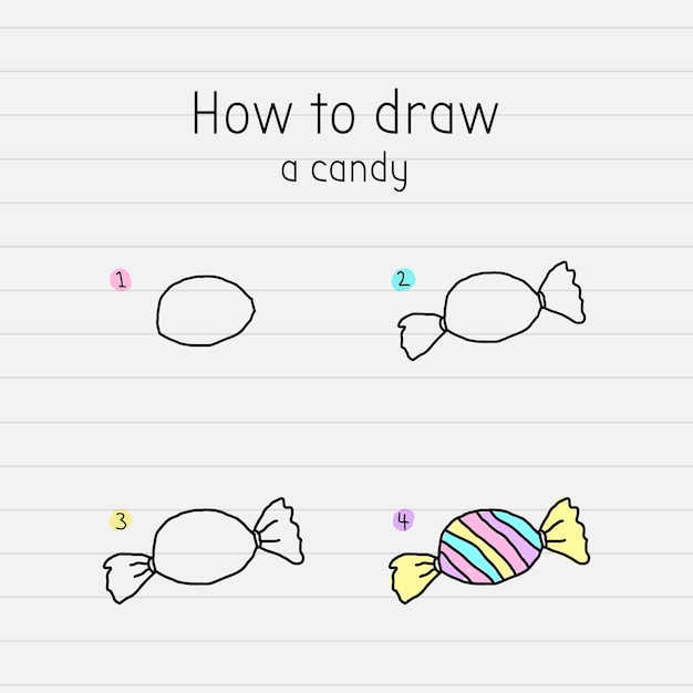 Vettore gratuito come disegnare un vettore tutorial di doodle di caramelle