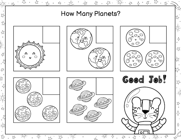 How many planets do you see count and write the number black and white mathematics game