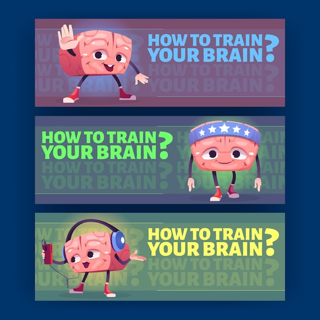 Бесплатное векторное изображение Как тренировать мозговые мультяшные баннеры с характером костного мозга, носить бандану и кроссовки, слушать музыку в гарнитуре. развитие разума или интеллекта. перикранные интеллектуальные упражнения. векторная иллюстрация
