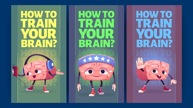 Free vector how to train brain banners with cute sport character vector posters of human mind health and intellect with cartoon illustration of happy brain doing workout study with phone and greeting