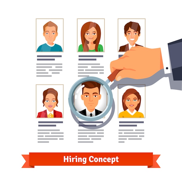 Free vector hr manager looking on candidates. hiring concept