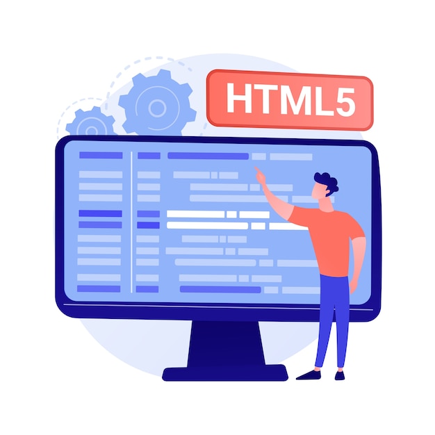 HTML5 프로그래밍. 인터넷 웹 사이트 개발, 웹 애플리케이션 엔지니어링, 스크립트 작성. HTML 코드 최적화, 프로그래머 수정 버그 개념 그림