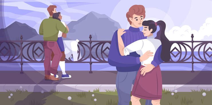 Бесплатный Вектор композиция влюбленных обниматься с двумя парами, обнимающимися на набережной на закате