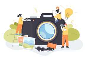 Free vector huge camera and tiny people taking pictures. photographer with camera, photos of landscapes flat vector illustration. photography, occupation concept for banner, website design or landing web page