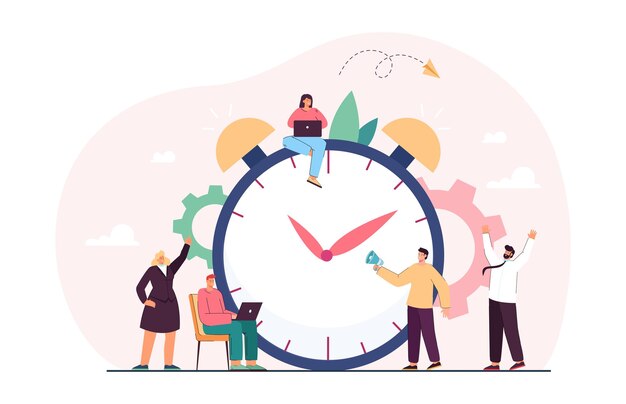 Huge chronometer and team of tiny business cartoon people. Early morning alarm to work or school, countdown,  flat vector illustration. Time management, technology concept for banner, website design