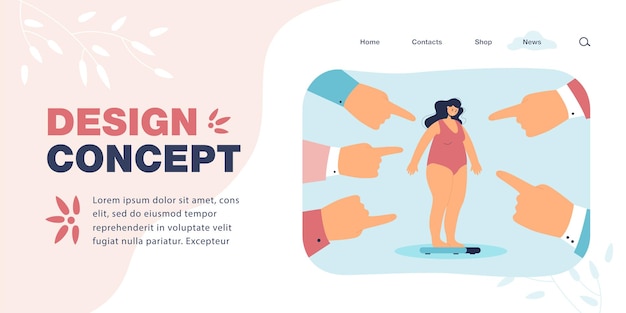 Free vector huge fingers pointing at fat woman flat vector illustration