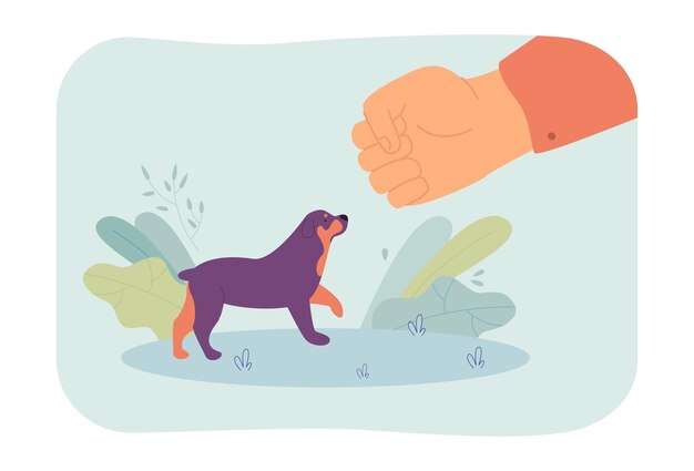 Pugno enorme che minaccia l'illustrazione piana di vettore del cane minuscolo. proprietario che punisce l'animale per comportamento scorretto o per non aver obbedito al comando. disciplina, concetto di controllo per banner, progettazione di siti web o pagine web di destinazione