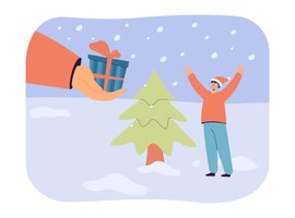 Free vector huge hand giving christmas gift to girl flat vector illustration. happy girl standing near holiday tree, enjoying snow and celebrating. surprise concept for banner, website design or landing web page
