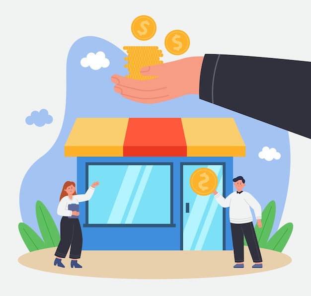 Free vector huge hand giving money to tiny start-up entrepreneurs. government providing financial help to business partners, making grants and subsidies flat vector illustration. assistance, protection concept