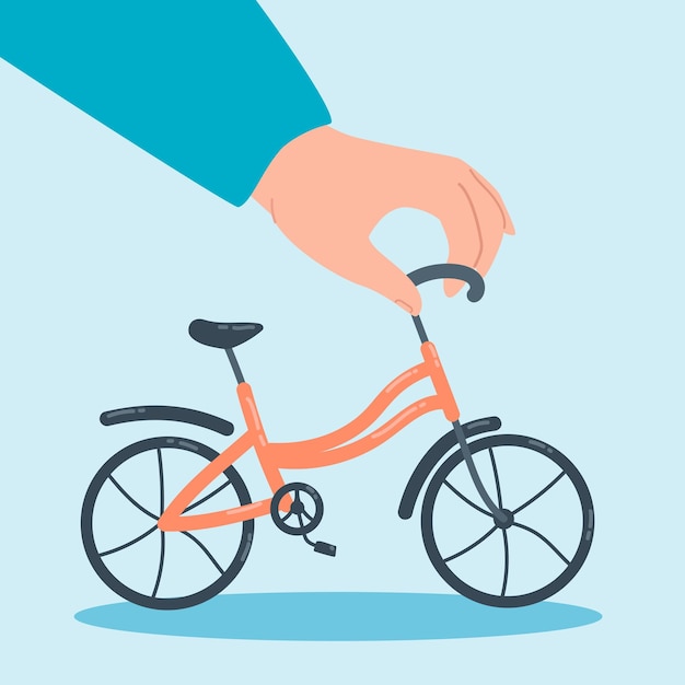 Illustrazione vettoriale piatta della bicicletta della tenuta della mano enorme. persona che dedica tempo al ciclismo, alla bicicletta, all'allenamento cardio o all'allenamento. sport, hobby, concetto di attività fisica