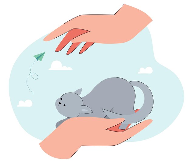 귀여운 노숙자 새끼 고양이를 들고 있는 거대한 손. 손에 앉아 있는 회색 고양이, 사랑스러운 국내 동물 평면 벡터 삽화. 배너 또는 방문 웹 페이지에 대한 애완 동물, 입양, 관리, 보호 개념
