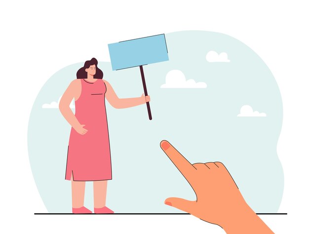Huge hand pointing at activist with blank placard. Female protestor at demonstration flat vector illustration. Protest, politics, freedom concept for banner, website design or landing web page
