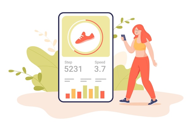 Vettore gratuito telefono enorme e donna attiva che utilizza l'app mobile fitness tracker