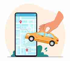 Free vector huge smartphone with city map on screen and big hand holding car. person using app for making route to destination flat vector illustration. taxi service, navigation, transportation concept for banner