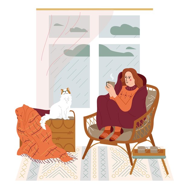 hugge lifestyle flat background composition with indoor scenery and woman drinking tea in armchair with cat vector illustration