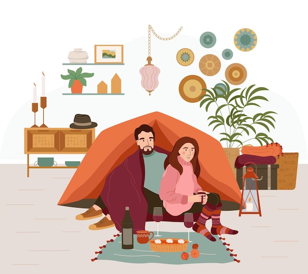 Плоская композиция hugge lifestyle с внутренним интерьером и любящей парой, устраивающей корзинку для пикника дома векторной иллюстрацией