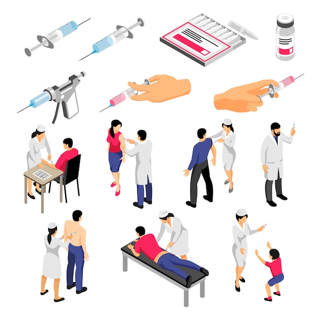 Free vector human characters during vaccination and syringes with medical products set of isometric icons isolated