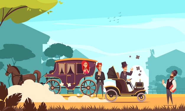 Human characters and old ground transportation horse carriage and ancient car on combustion engine cartoon