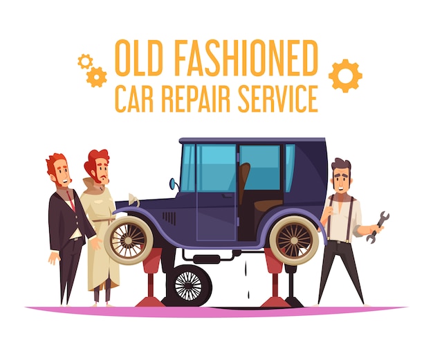 Free vector human characters and repair of old fashioned car on white background cartoon