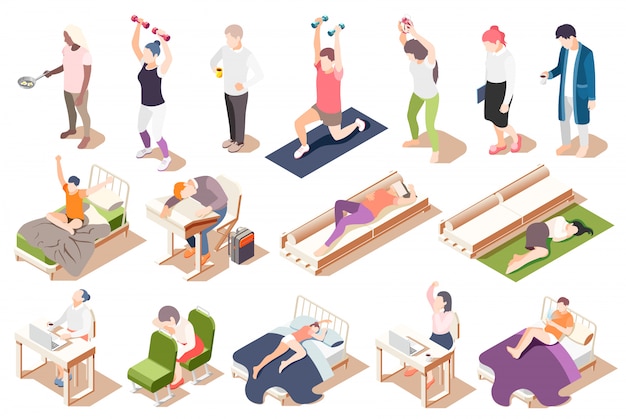 Human circadian rhythms isometric icon set with fatigue lack of sleep drowsiness  illustration